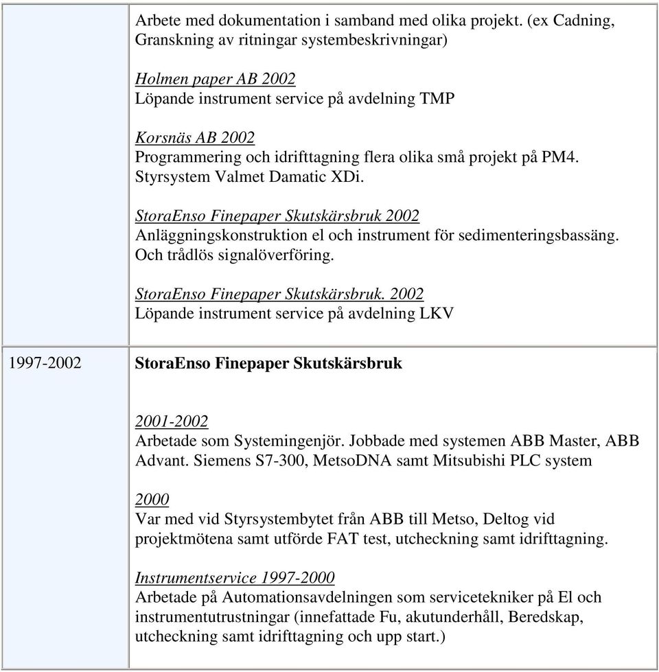 PM4. Styrsystem Valmet Damatic XDi. StoraEnso Finepaper Skutskärsbruk 2002 Anläggningskonstruktion el och instrument för sedimenteringsbassäng. Och trådlös signalöverföring.