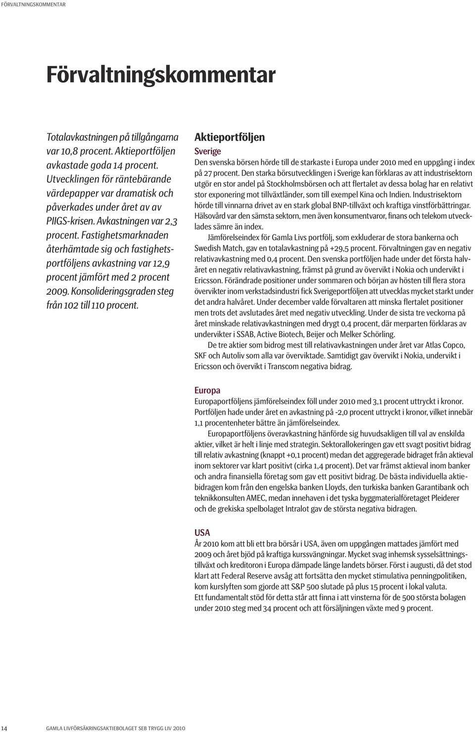 Fastighetsmarknaden återhämtade sig och fastighetsportföljens avkastning var 12,9 procent jämfört med 2 procent 2009. Konsolideringsgraden steg från 102 till 110 procent.