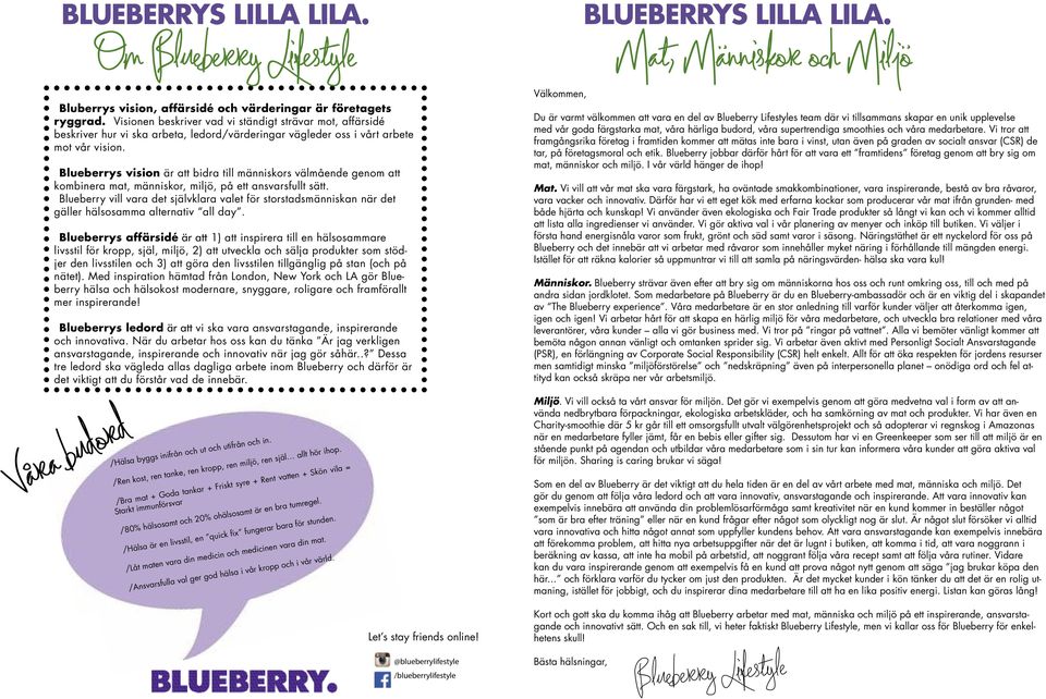 Blueberrys vision är att bidra till människors välmående genom att kombinera mat, människor, miljö, på ett ansvarsfullt sätt.