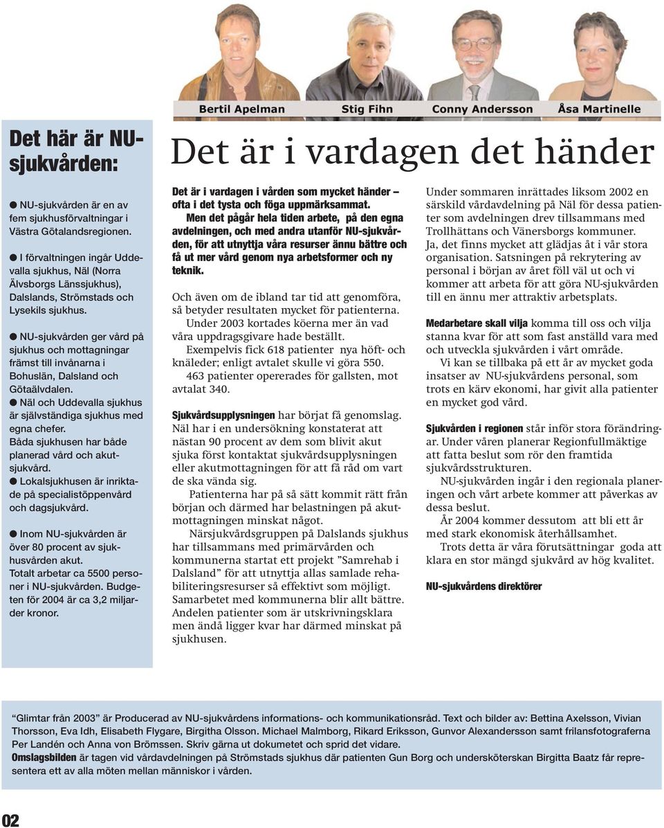 NU-sjukvården ger vård på sjukhus och mottagningar främst till invånarna i Bohuslän, Dalsland och Götaälvdalen. Näl och Uddevalla sjukhus är självständiga sjukhus med egna chefer.