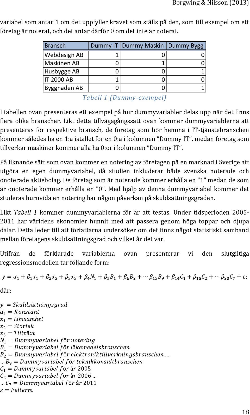 Likt detta tillvägagångssätt ovan kommer dummyvariablerna att presenteras för respektive bransch, de företag som hör hemma i IT-tjänstebranschen kommer således ha en 1:a istället för en 0:a i