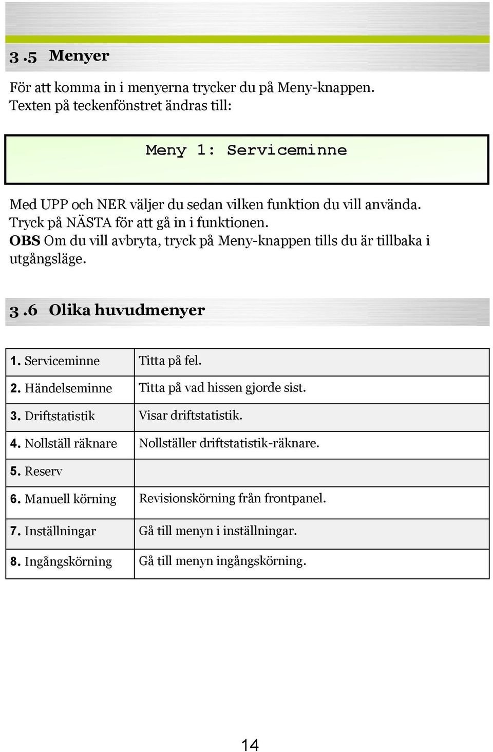 OBS Om du vill avbryta, tryck på Meny-knappen tills du är tillbaka i utgångsläge. 3.6 Olika huvudmenyer 1. Serviceminne Titta på fel. 2.