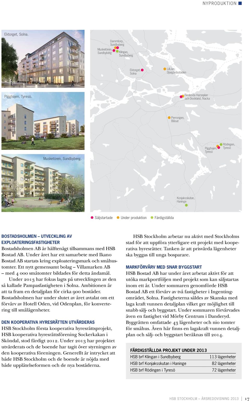 Konjaksskutan, Haninge Säljstartade Under produktion Färdigställda Bostadsholmen utveckling av exploateringsfastigheter Bostadsholmen AB är hälftenägt tillsammans med HSB Bostad AB.