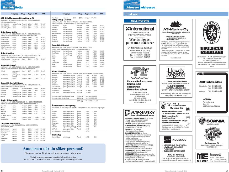 661 Global Freighter ro/ro Finland 1977 13.145 8.911 Birka Cargo Ab Ltd Mariehamn, tel. +358 (0)18-27 320, fax +358 (0)18-23 223, e-post: info@birkacargo.com, web: www.birkacargo.com Birka Carrier ro/ro Finland 1998 12.