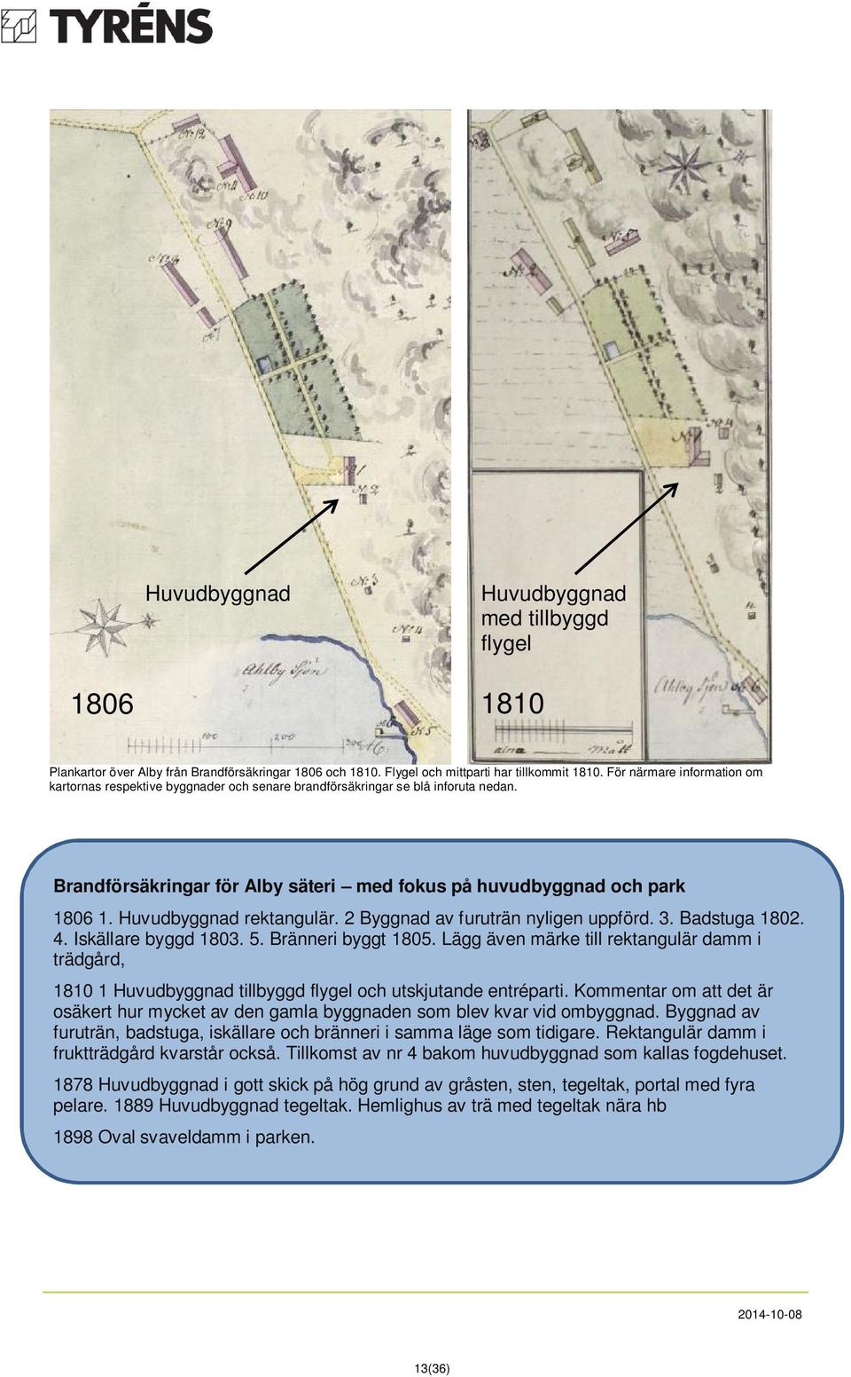 Huvudbyggnad rektangulär. 2 Byggnad av furuträn nyligen uppförd. 3. Badstuga 1802. 4. Iskällare byggd 1803. 5. Bränneri byggt 1805.