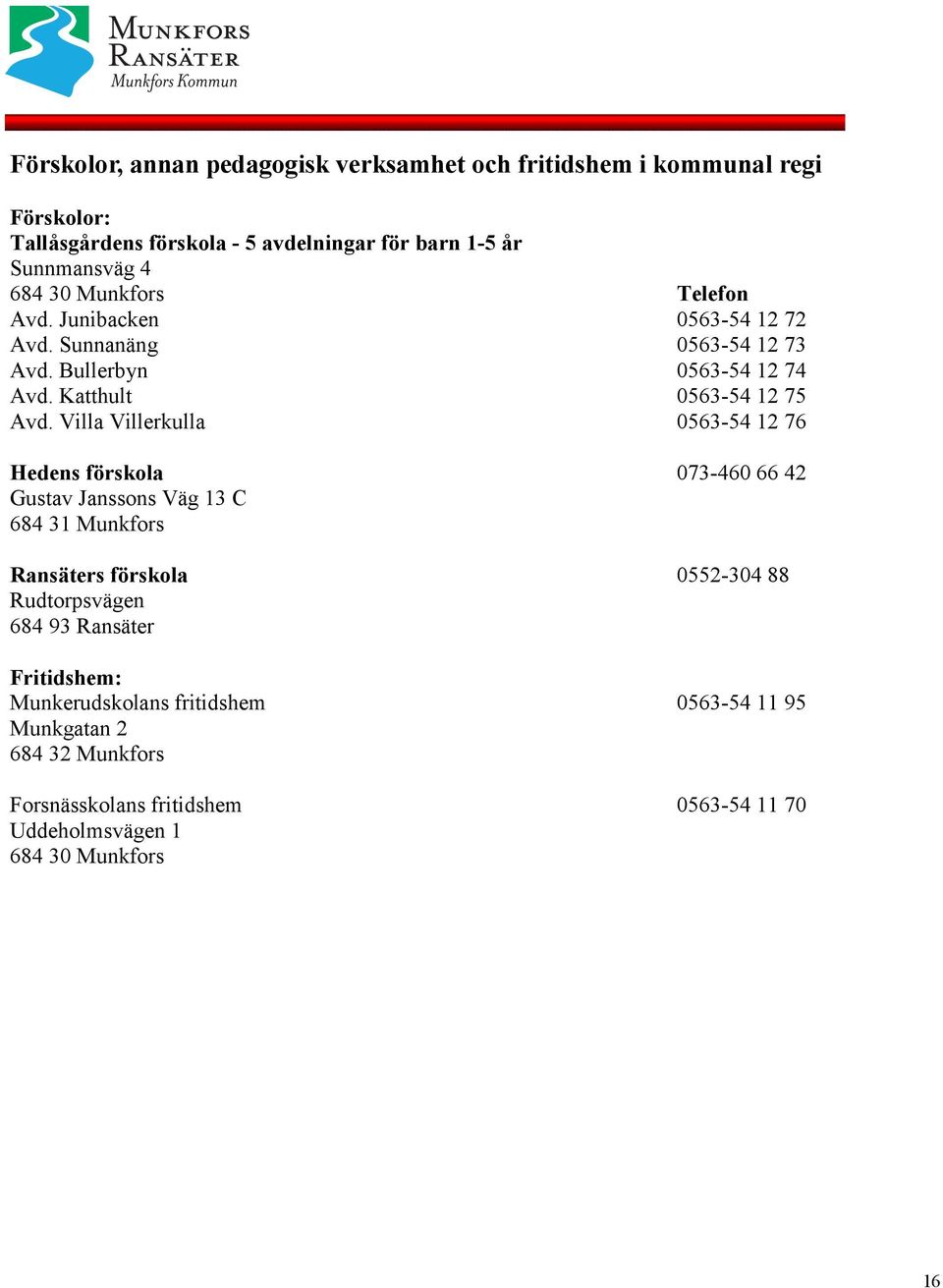 Villa Villerkulla 0563-54 12 76 Hedens förskola 073-460 66 42 Gustav Janssons Väg 13 C 684 31 Munkfors Ransäters förskola 0552-304 88 Rudtorpsvägen 684