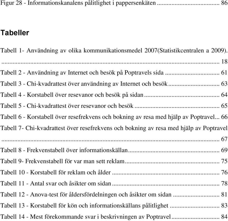 .. 63 Tabell 4 - Korstabell över resevanor och besök på sidan... 64 Tabell 5 - Chi-kvadrattest över resevanor och besök.