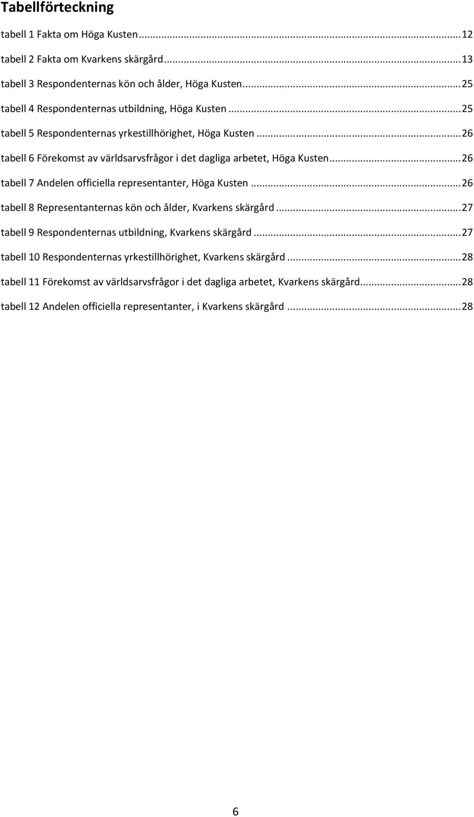 .. 26 tabell 6 Förekomst av världsarvsfrågor i det dagliga arbetet, Höga Kusten... 26 tabell 7 Andelen officiella representanter, Höga Kusten.