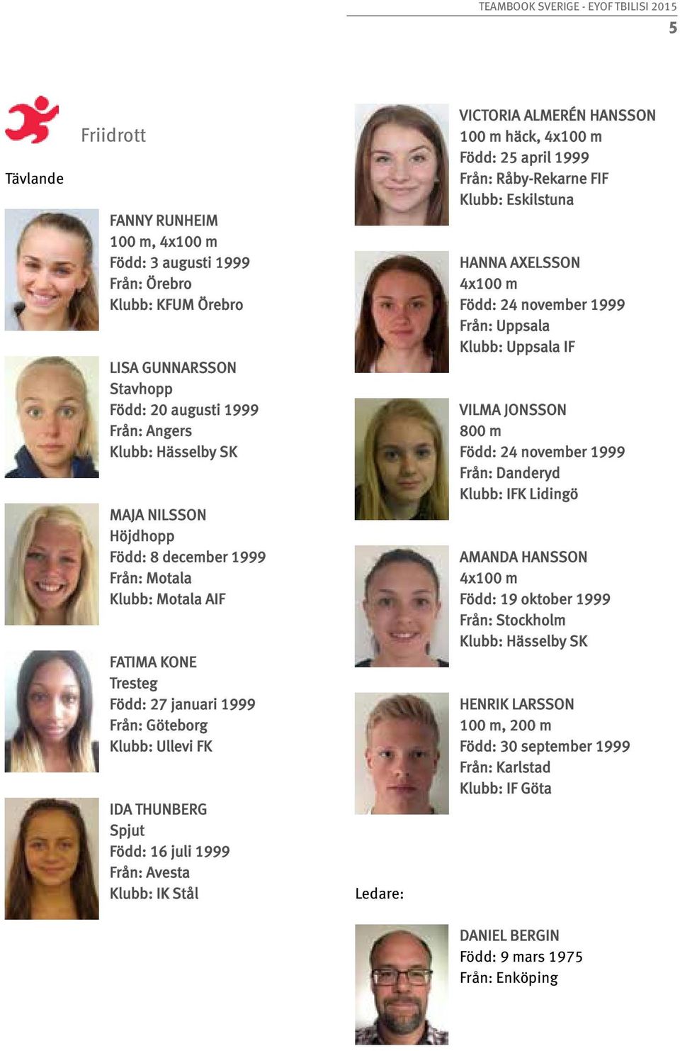 Stål Ledare: VICTORIA ALMERÉN HANSSON 100 m häck, 4x100 m Född: 25 april 1999 Från: Råby-Rekarne FIF Klubb: Eskilstuna HANNA AXELSSON 4x100 m Född: 24 november 1999 Från: Uppsala Klubb: Uppsala IF