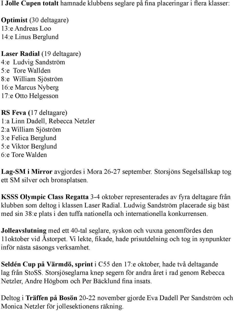 Walden Lag-SM i Mirror avgjordes i Mora 26-27 september. Storsjöns Segelsällskap tog ett SM silver och bronsplatsen.