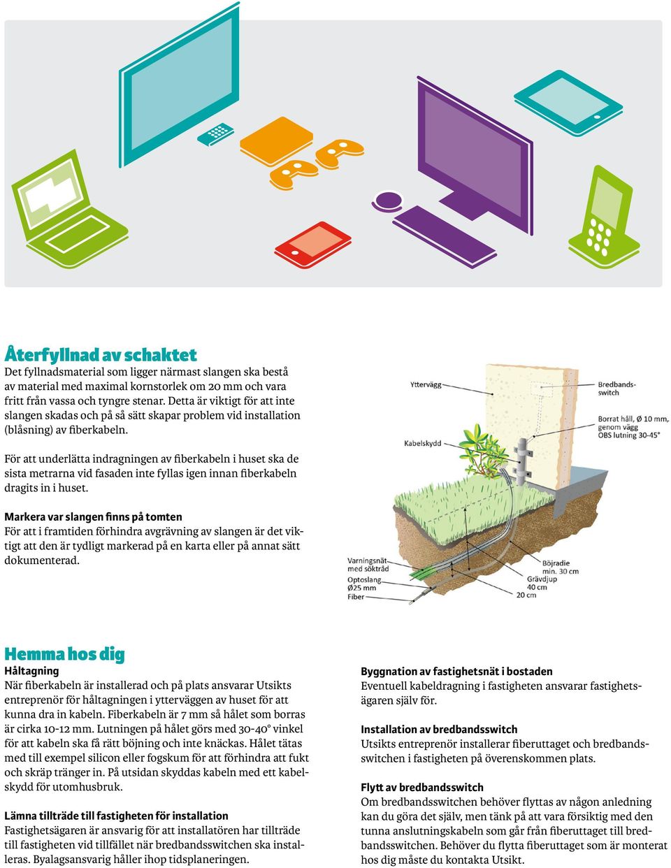 För att underlätta indragningen av fiberkabeln i huset ska de sista metrarna vid fasaden inte fyllas igen innan fiberkabeln dragits in i huset.