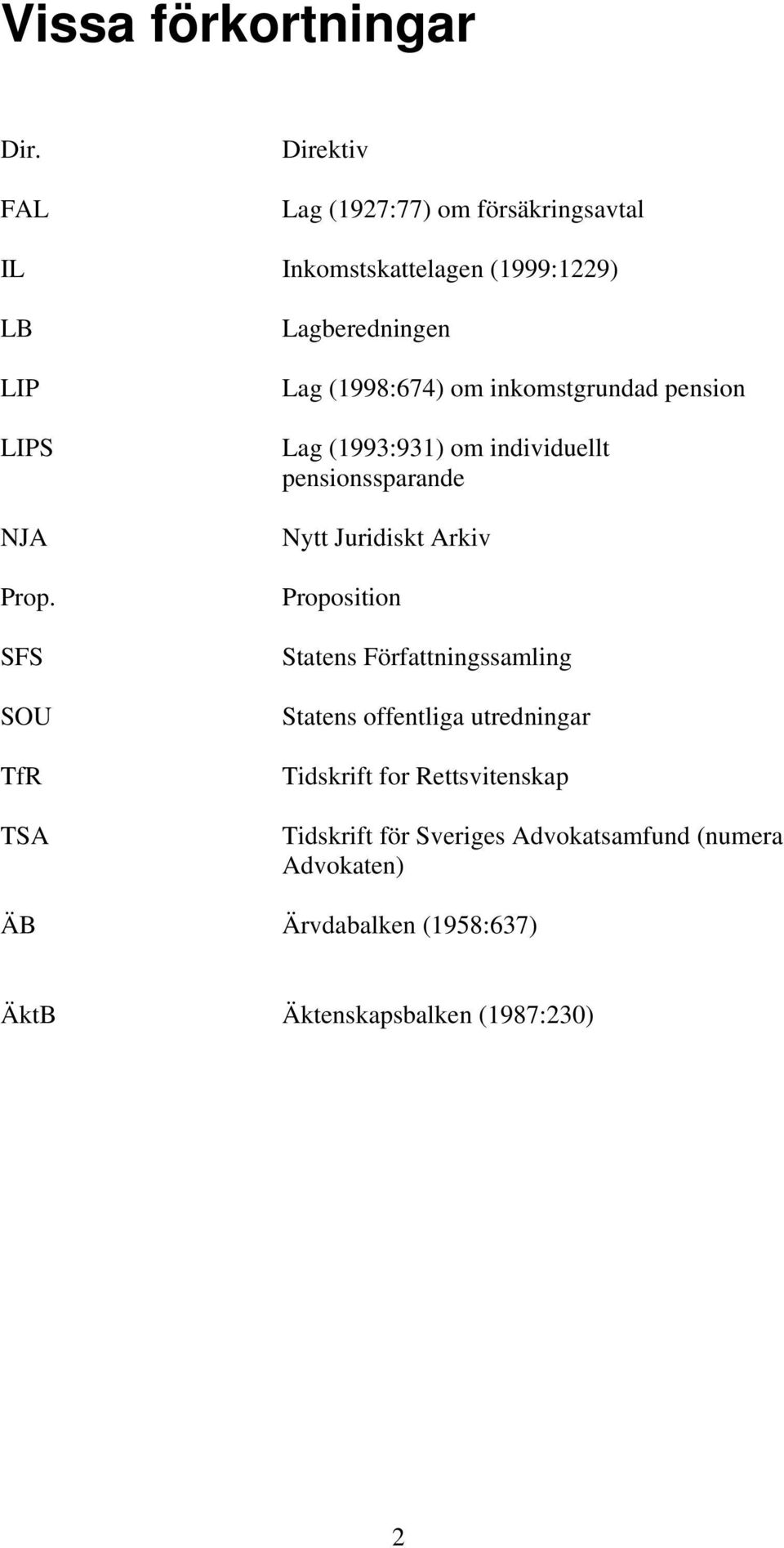 SFS SOU TfR TSA Lagberedningen Lag (1998:674) om inkomstgrundad pension Lag (1993:931) om individuellt pensionssparande