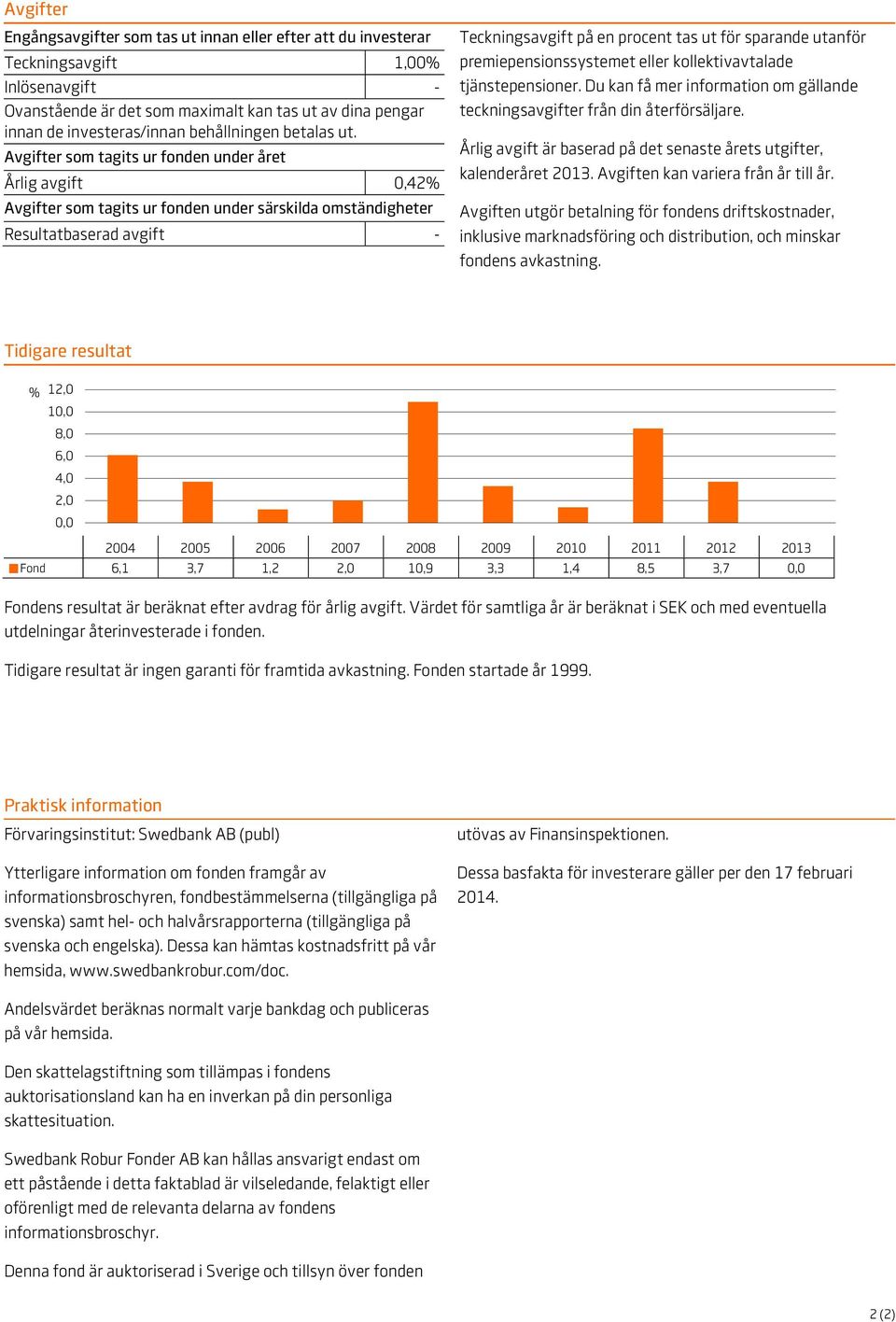 Avgifter som tagits ur fonden under året Årlig avgift 0,42% Avgifter som tagits ur fonden under särskilda omständigheter Resultatbaserad avgift - Teckningsavgift på en procent tas ut för sparande