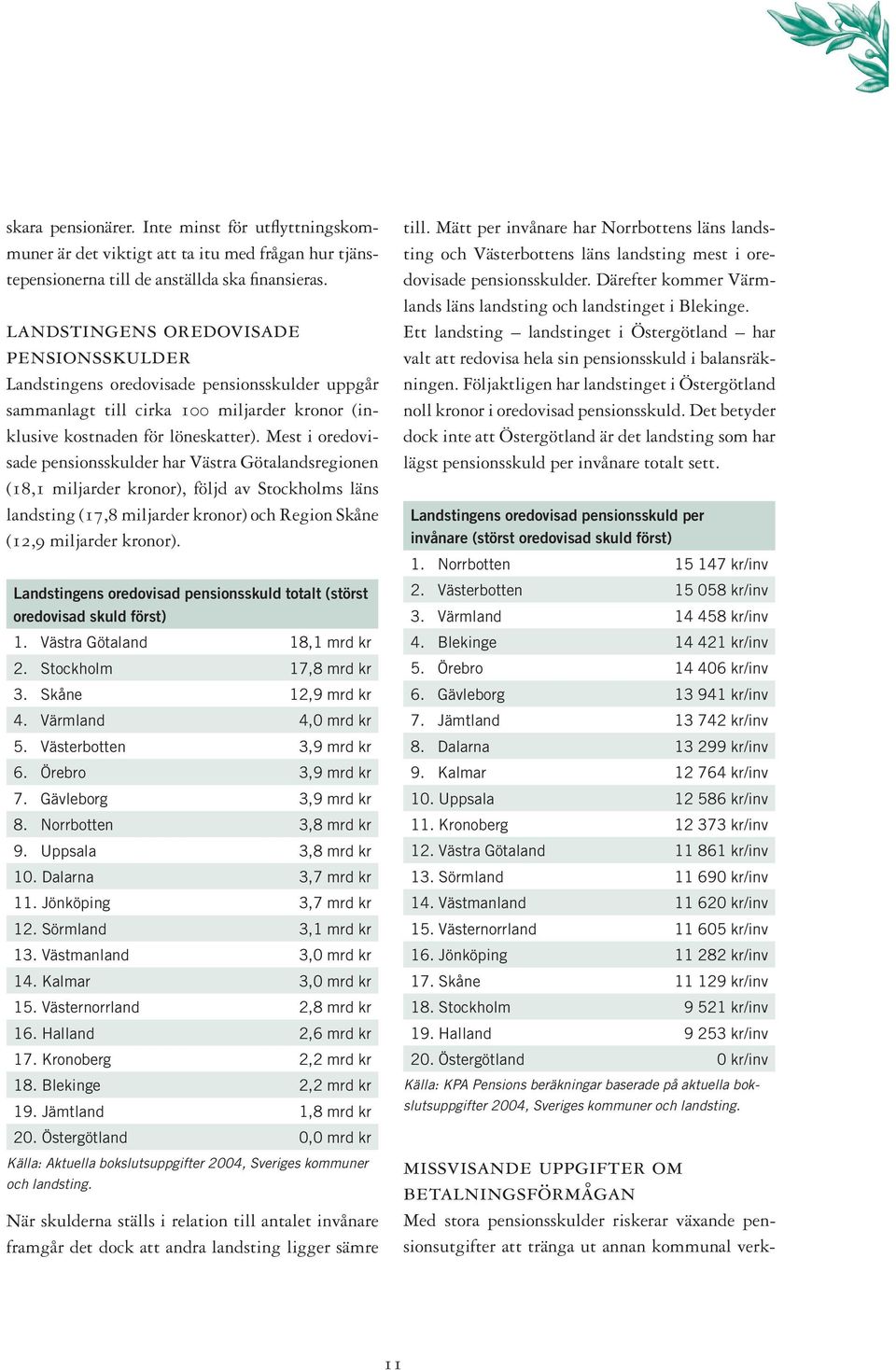 Mest i e pensionsskulder har Västra Götalandsregionen (18,1 miljarder kronor), följd av Stockholms läns landsting (17,8 miljarder kronor) och Region Skåne (12,9 miljarder kronor).