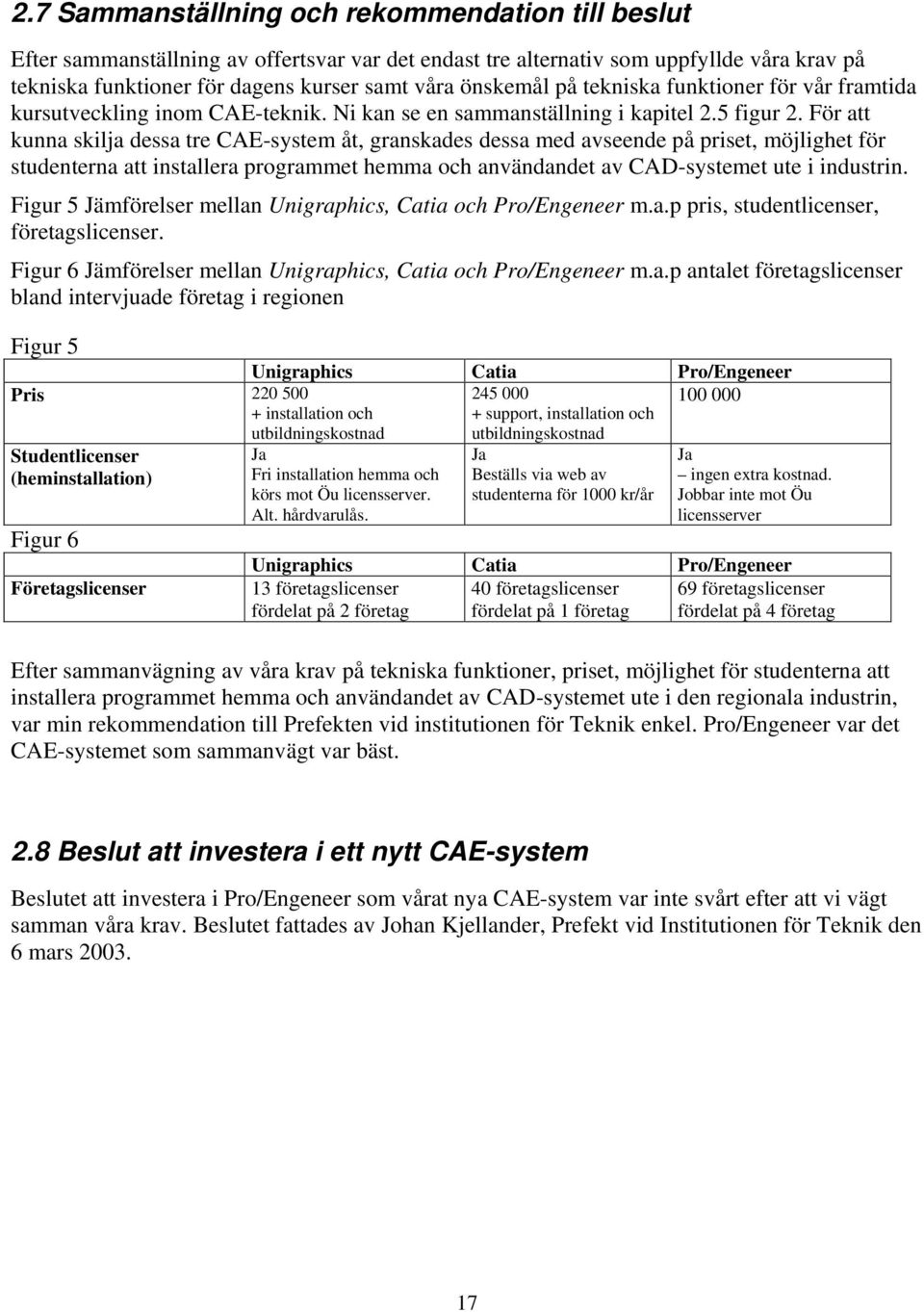 För att kunna skilja dessa tre CAE-system åt, granskades dessa med avseende på priset, möjlighet för studenterna att installera programmet hemma och användandet av CAD-systemet ute i industrin.