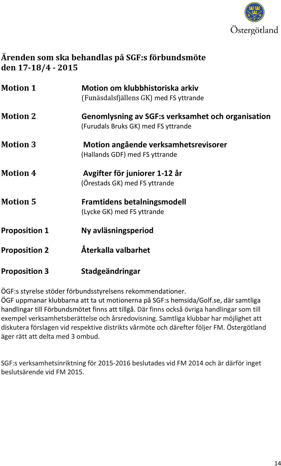 Avgifter för juniorer 1-12 år (Örestads GK) med FS yttrande Framtidens betalningsmodell (Lycke GK) med FS yttrande Ny avläsningsperiod Återkalla valbarhet Stadgeändringar ÖGF:s styrelse stöder