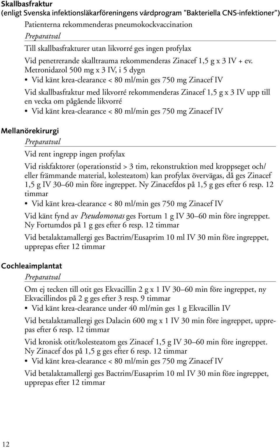 Metronidazol 500 mg x 3 IV, i 5 dygn Vid skallbasfraktur med likvorré rekommenderas Zinacef 1,5 g x 3 IV upp till en vecka om pågående likvorré Mellanörekirurgi Vid rent ingrepp ingen profylax Vid