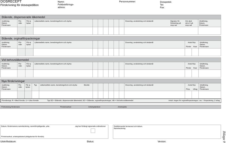 Insättning Datum, Förskrivare Förmån Får ej bytas Läkemedlets namn, beredningsform och styrka Dosering, användning och ändamål Antal förp Förskr Kvar Utsättning, Datum, Förskrivare Vid