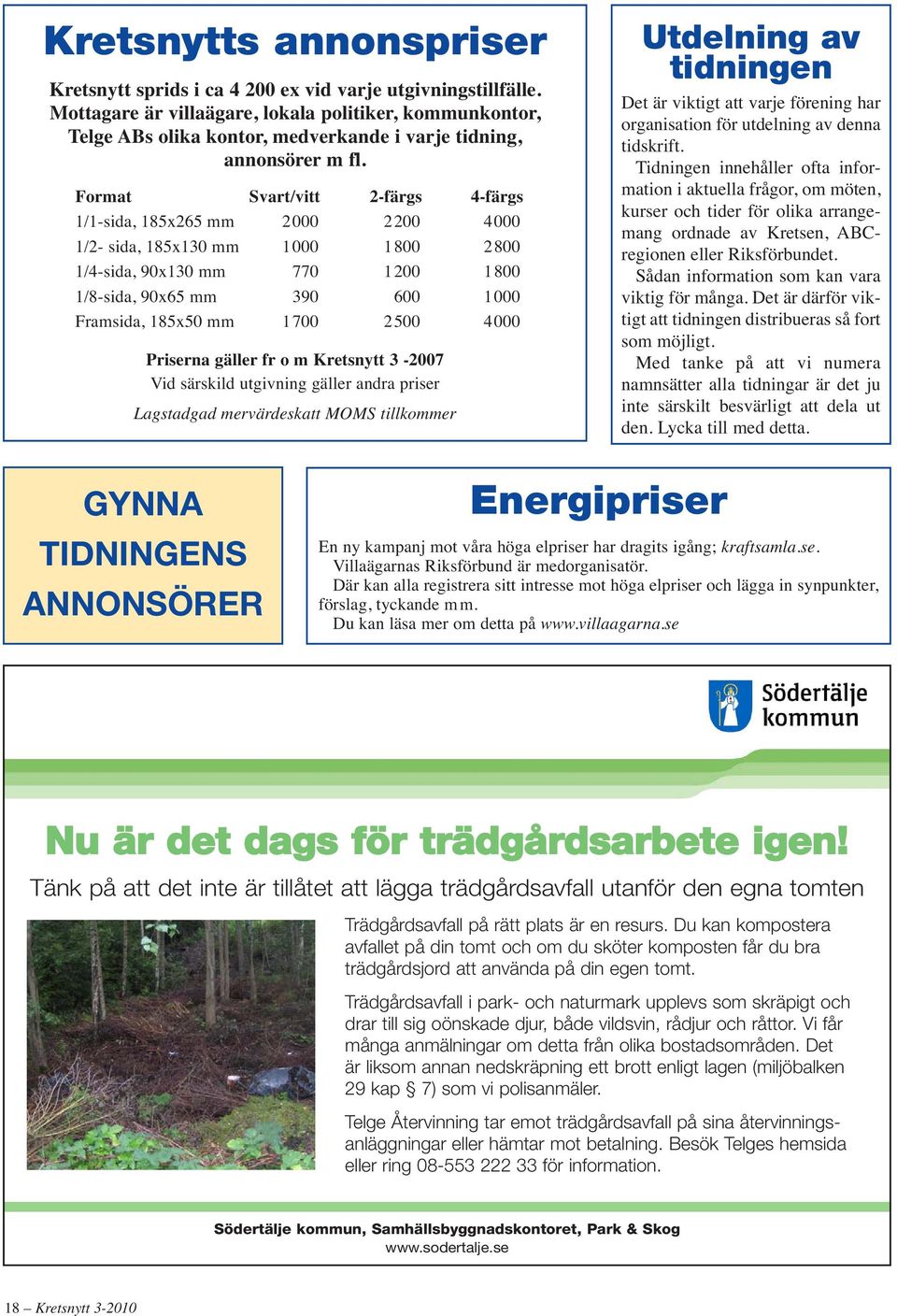 Format Svart/vitt 2-färgs 4-färgs 1/1-sida, 185x265 mm 2 000 2 200 4 000 1/2- sida, 185x130 mm 1000 1800 2800 1/4-sida, 90x130 mm 770 1 200 1 800 1/8-sida, 90x65 mm 390 600 1 000 Framsida, 185x50 mm