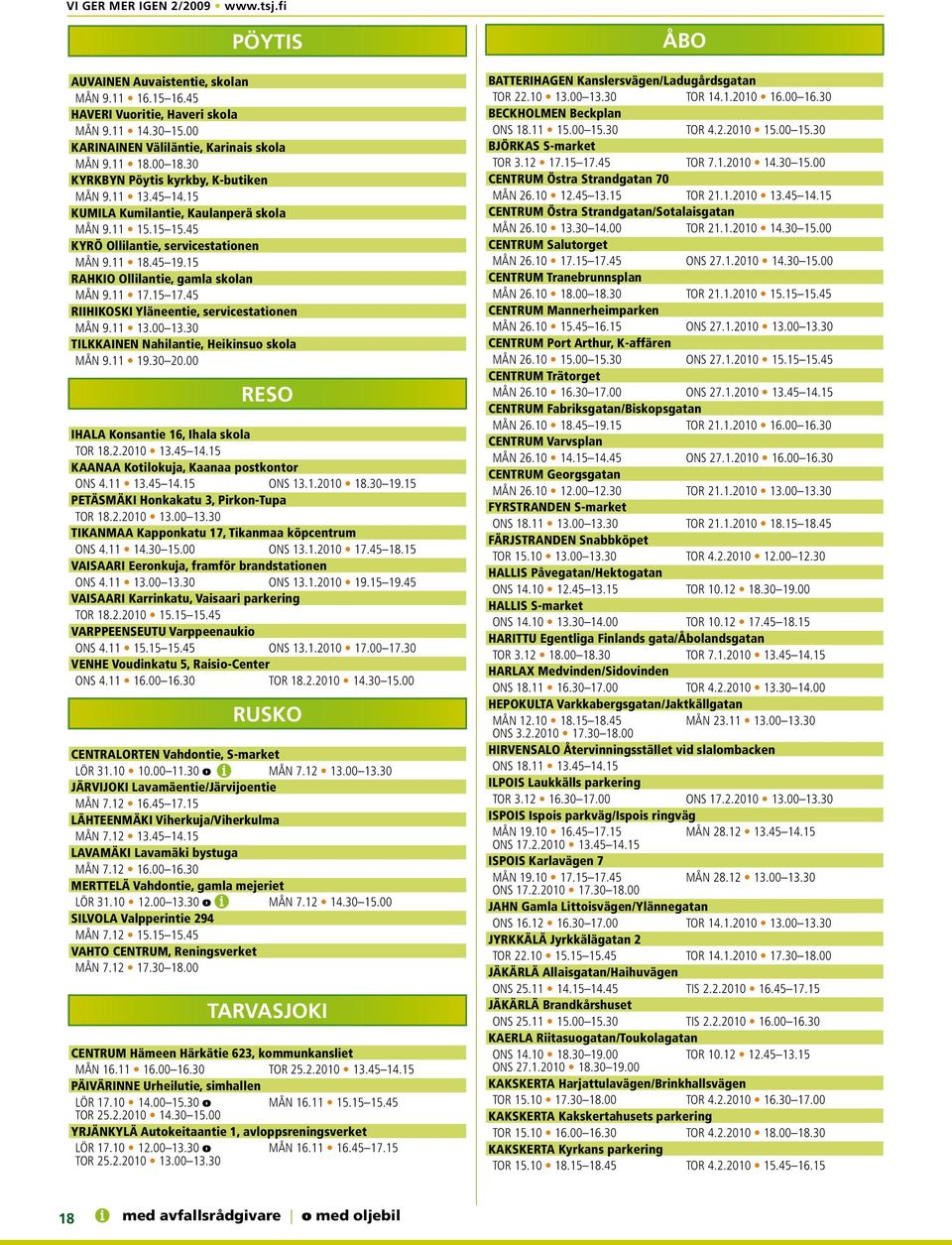 15 Rahkio Ollilantie, gamla skolan MÅN 9.11 17.15 17.45 RIIHIKOSKI Yläneentie, servicestationen MÅN 9.11 13.00 13.30 Tilkkainen Nahilantie, Heikinsuo skola MÅN 9.11 19.30 20.