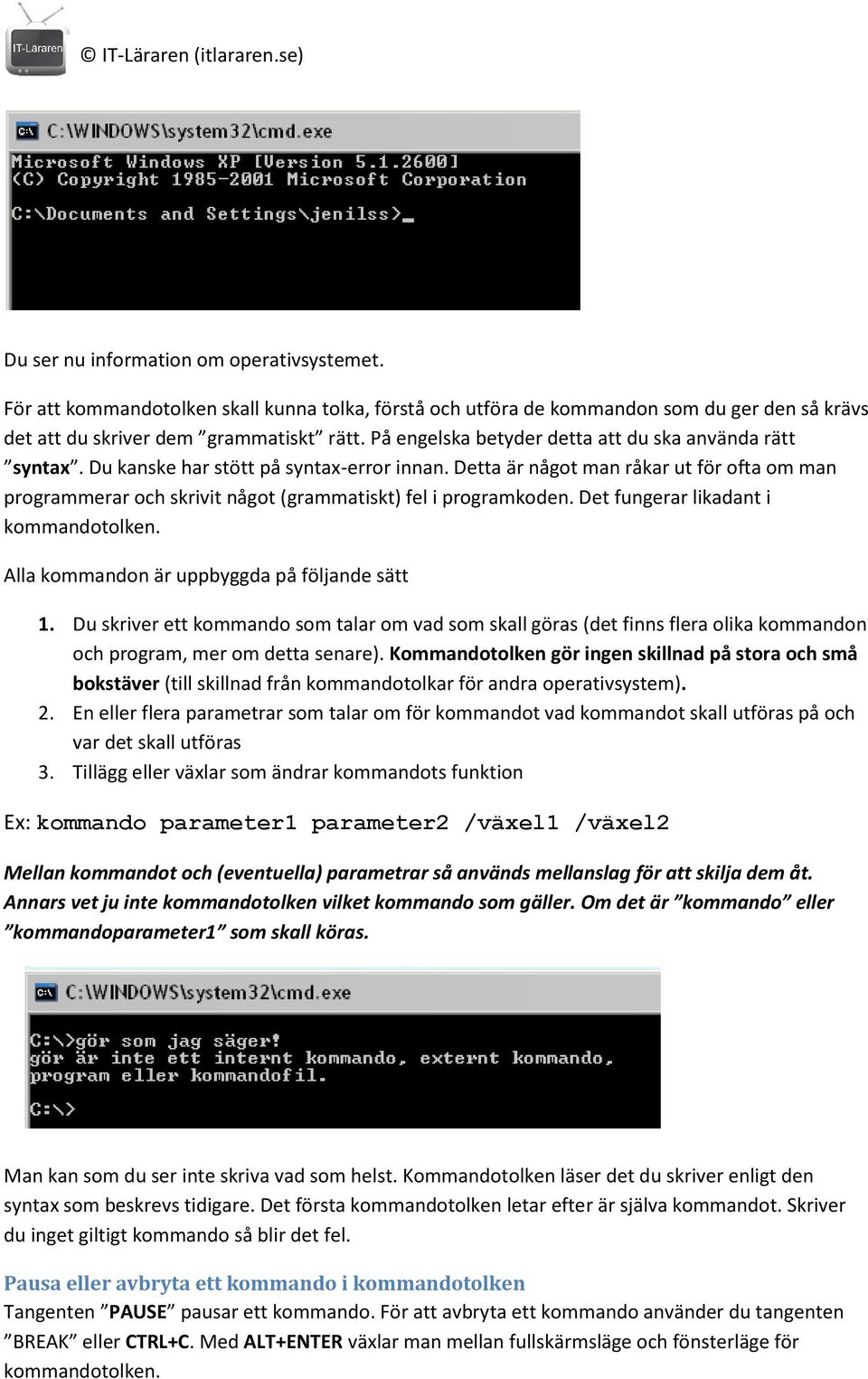 Detta är något man råkar ut för ofta om man programmerar och skrivit något (grammatiskt) fel i programkoden. Det fungerar likadant i kommandotolken. Alla kommandon är uppbyggda på följande sätt 1.