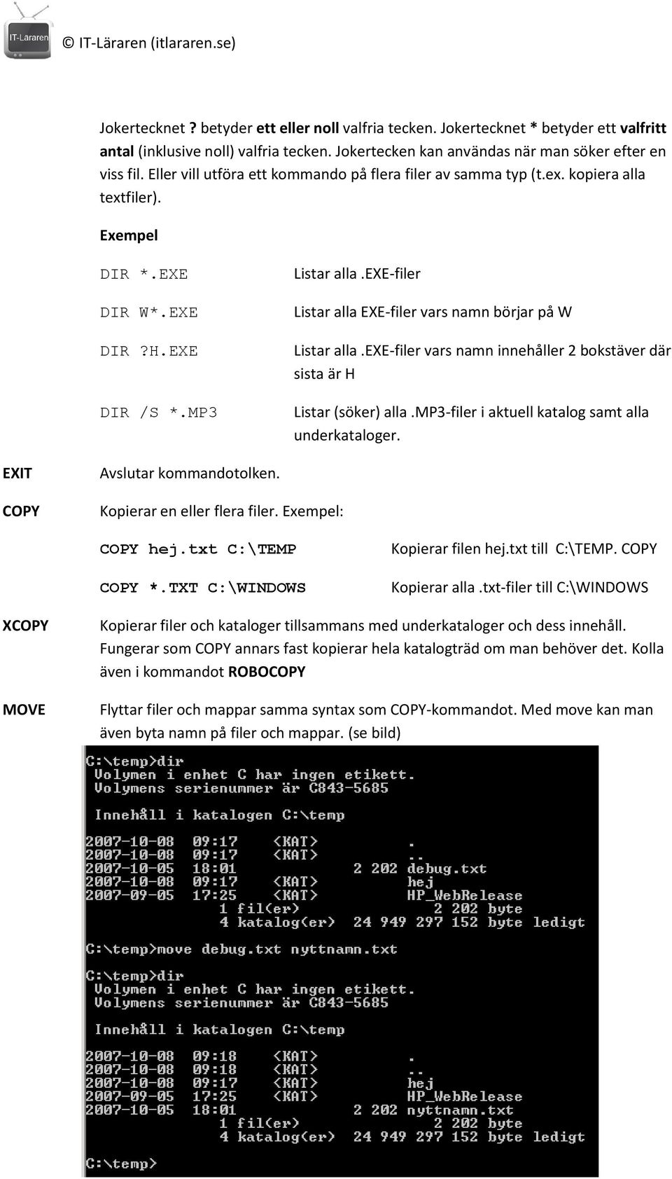 exe-filer Listar alla EXE-filer vars namn börjar på W Listar alla.exe-filer vars namn innehåller 2 bokstäver där sista är H Listar (söker) alla.mp3-filer i aktuell katalog samt alla underkataloger.