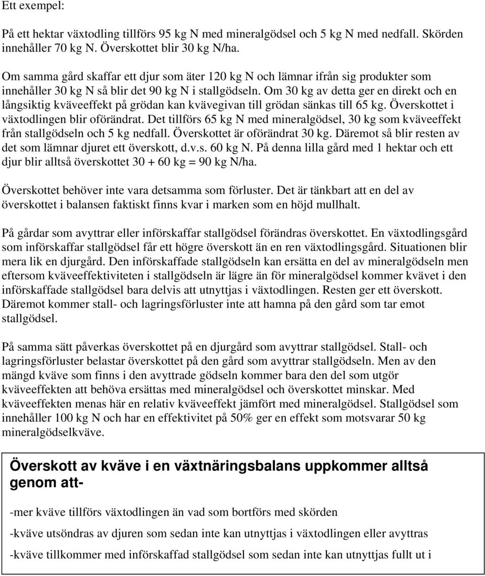 Om 30 kg av detta ger en direkt och en långsiktig kväveeffekt på grödan kan kvävegivan till grödan sänkas till 65 kg. Överskottet i växtodlingen blir oförändrat.