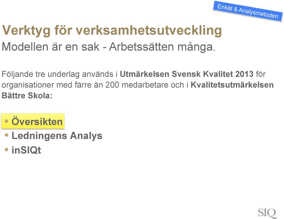 Följande tre underlag används i Utmärkelsen Svensk Kvalitet 2013