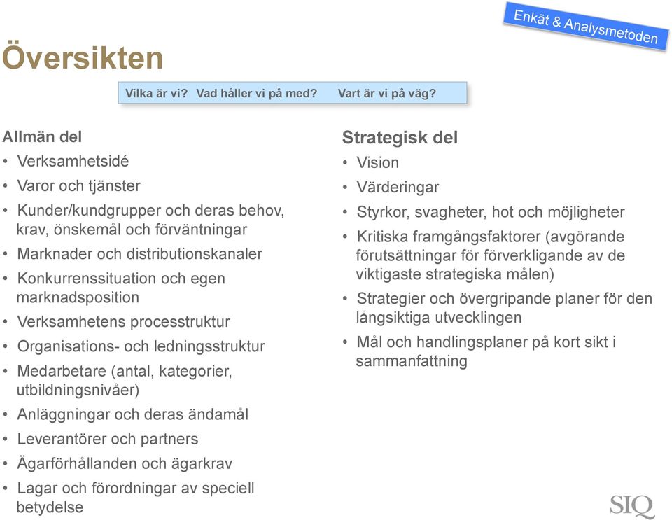 Verksamhetens processtruktur Organisations- och ledningsstruktur Medarbetare (antal, kategorier, utbildningsnivåer) Anläggningar och deras ändamål Leverantörer och partners Ägarförhållanden och