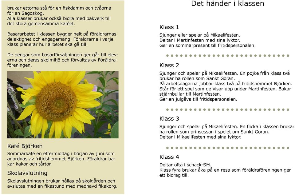 De pengar som basarförsäljningen ger går till eleverna och deras skolmiljö och förvaltas av Föräldraföreningen. Klass 1 Det händer i klassen Sjunger eller spelar på Mikaelifesten.