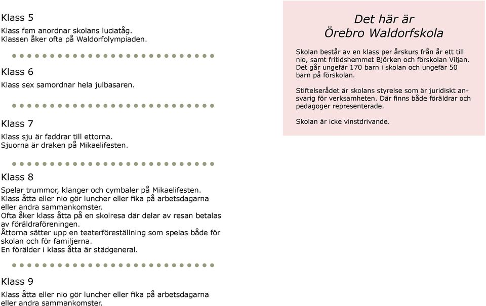 Det går ungefär 170 barn i skolan och ungefär 50 barn på förskolan. Stiftelserådet är skolans styrelse som är juridiskt ansvarig för verksamheten.