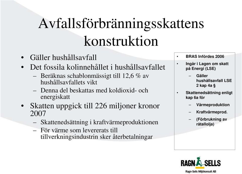 i kraftvärmeproduktionen För värme som levererats till tillverkningsindustrin sker återbetalningar BRAS Infördes 2006 Ingår i Lagen om skatt på