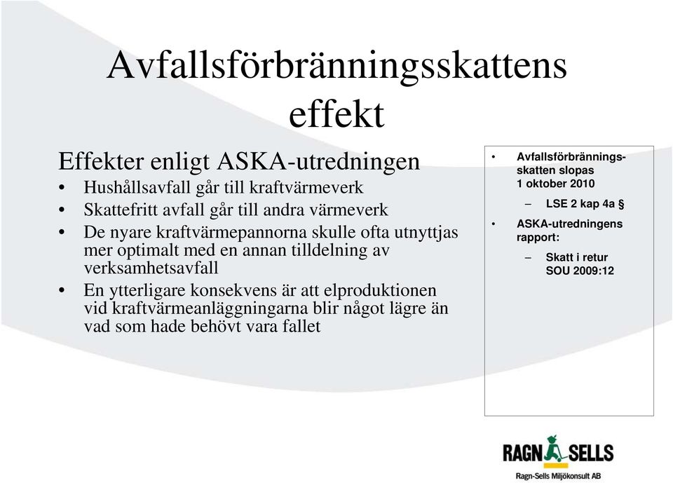 verksamhetsavfall En ytterligare konsekvens är att elproduktionen vid kraftvärmeanläggningarna blir något lägre än vad som