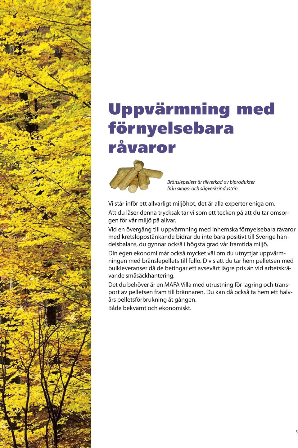 Vid en övergång till uppvärmning med inhemska förnyelsebara råvaror med kretsloppstänkande bidrar du inte bara positivt till Sverige handelsbalans, du gynnar också i högsta grad vår framtida miljö.