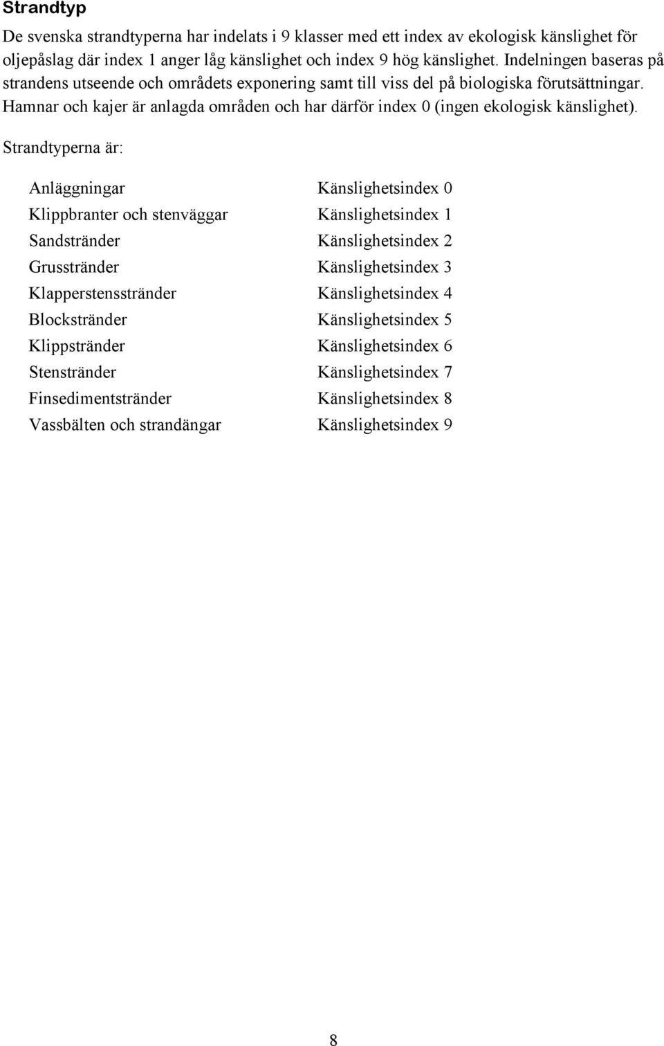 Hamnar och kajer är anlagda områden och har därför index 0 (ingen ekologisk känslighet).