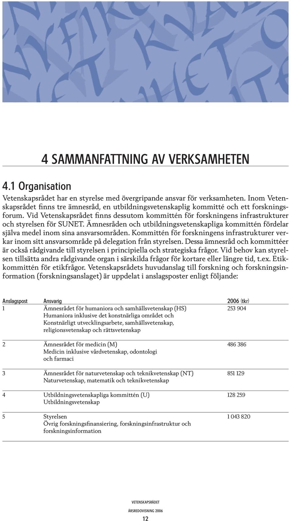 Vid Vetenskapsrådet finns dessutom kommittén för forskningens infrastrukturer och styrelsen för SUNET. Ämnesråden och utbildningsvetenskapliga kommittén fördelar själva medel inom sina ansvarsområden.