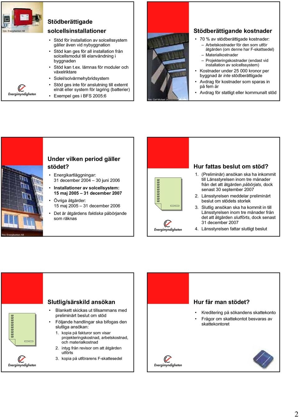 lämnas för moduler och växelriktare Solel/solvärmehybridsystem Stöd ges inte för anslutning till externt elnät eller system för lagring (batterier) Exempel ges i BFS 2005:6 foto: Carl Michael