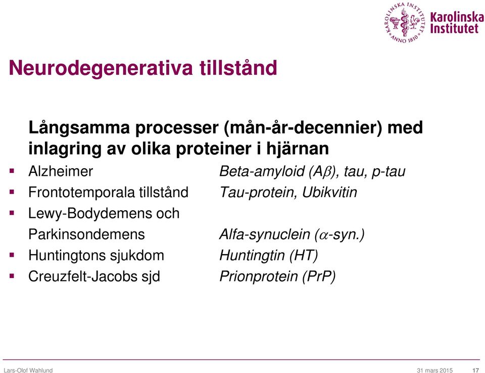 Tau-protein, Ubikvitin Lewy-Bodydemens och Parkinsondemens Alfa-synuclein (α-syn.