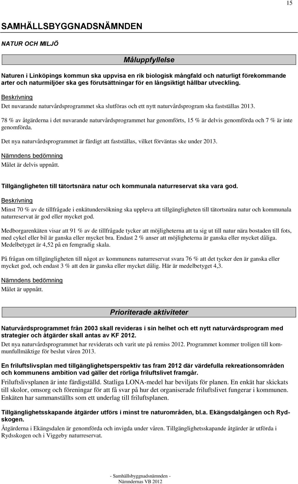 78 % av åtgärderna i det nuvarande naturvårdsprogrammet har genomförts, 15 % är delvis genomförda och 7 % är inte genomförda.