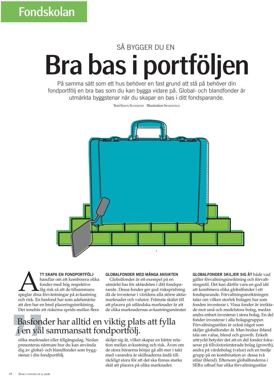 Text SIMON SUNDQVIST Illustration SPARKFORCE ATT SKAPA EN FONDPORTFÖLJ handlar om att kombinera olika fonder med hög respektive låg risk så att de tillsammans speglar dina förväntningar på avkastning