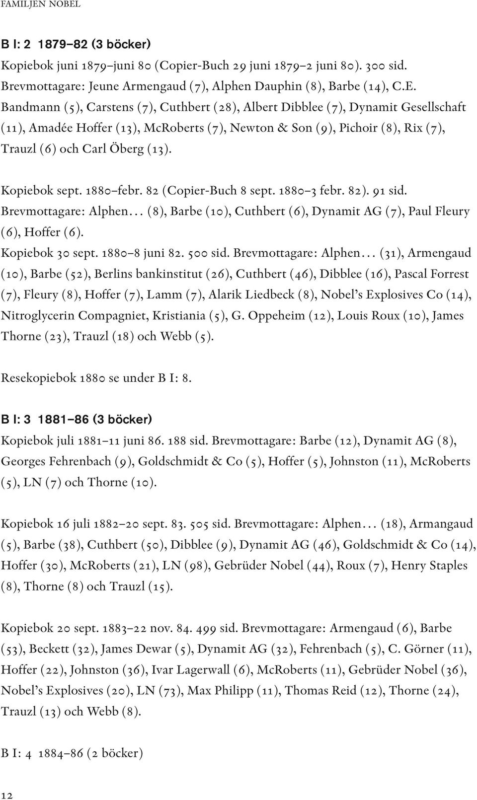 Kopiebok sept. 1880 febr. 82 (Copier-Buch 8 sept. 1880 3 febr. 82). 91 sid. Brevmottagare: Alphen (8), Barbe (10), Cuthbert (6), Dynamit AG (7), Paul Fleury (6), Hoffer (6). Kopiebok 30 sept.