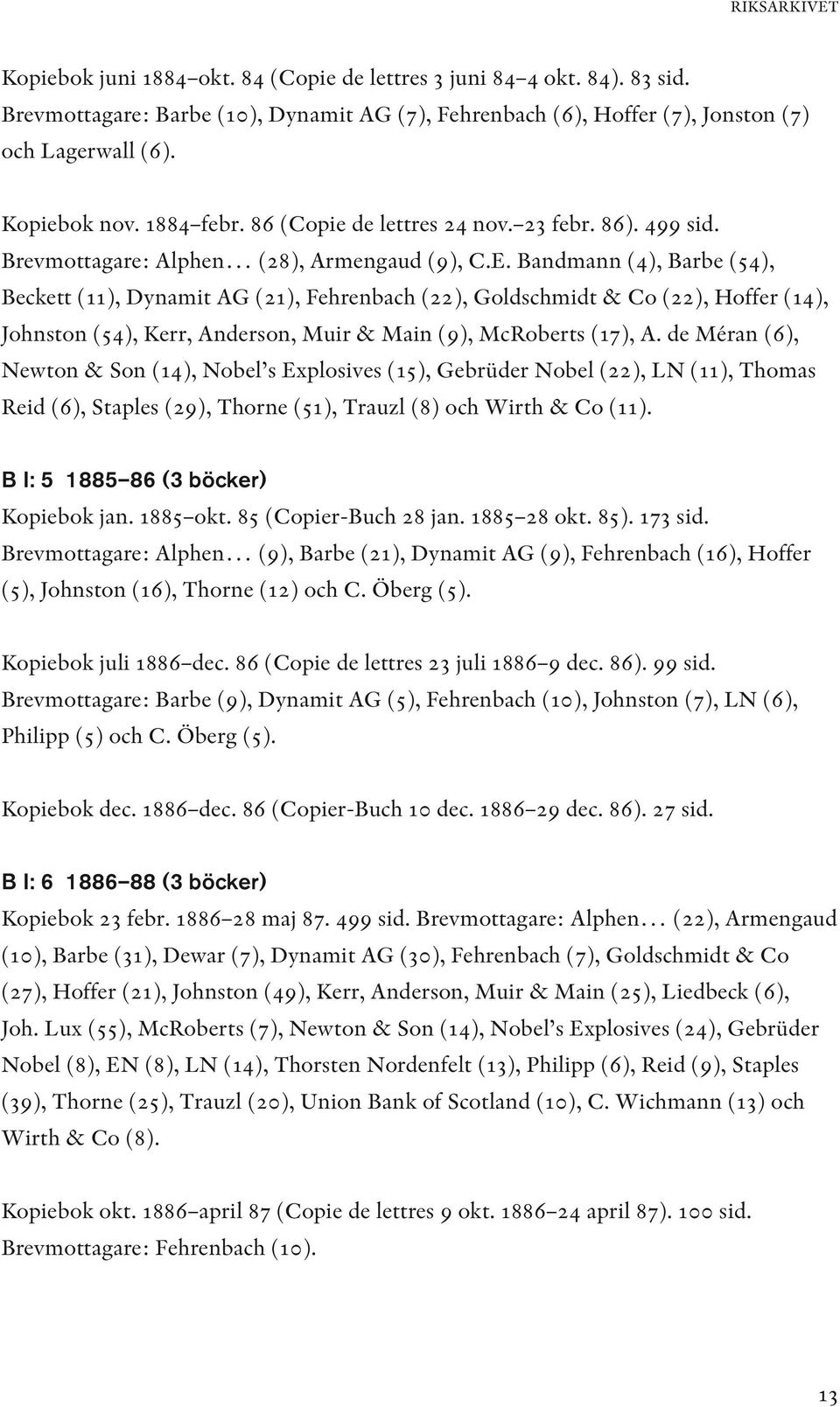 Bandmann (4), Barbe (54), Beckett (11), Dynamit AG (21), Fehrenbach (22), Goldschmidt & Co (22), Hoffer (14), Johnston (54), Kerr, Anderson, Muir & Main (9), McRoberts (17), A.