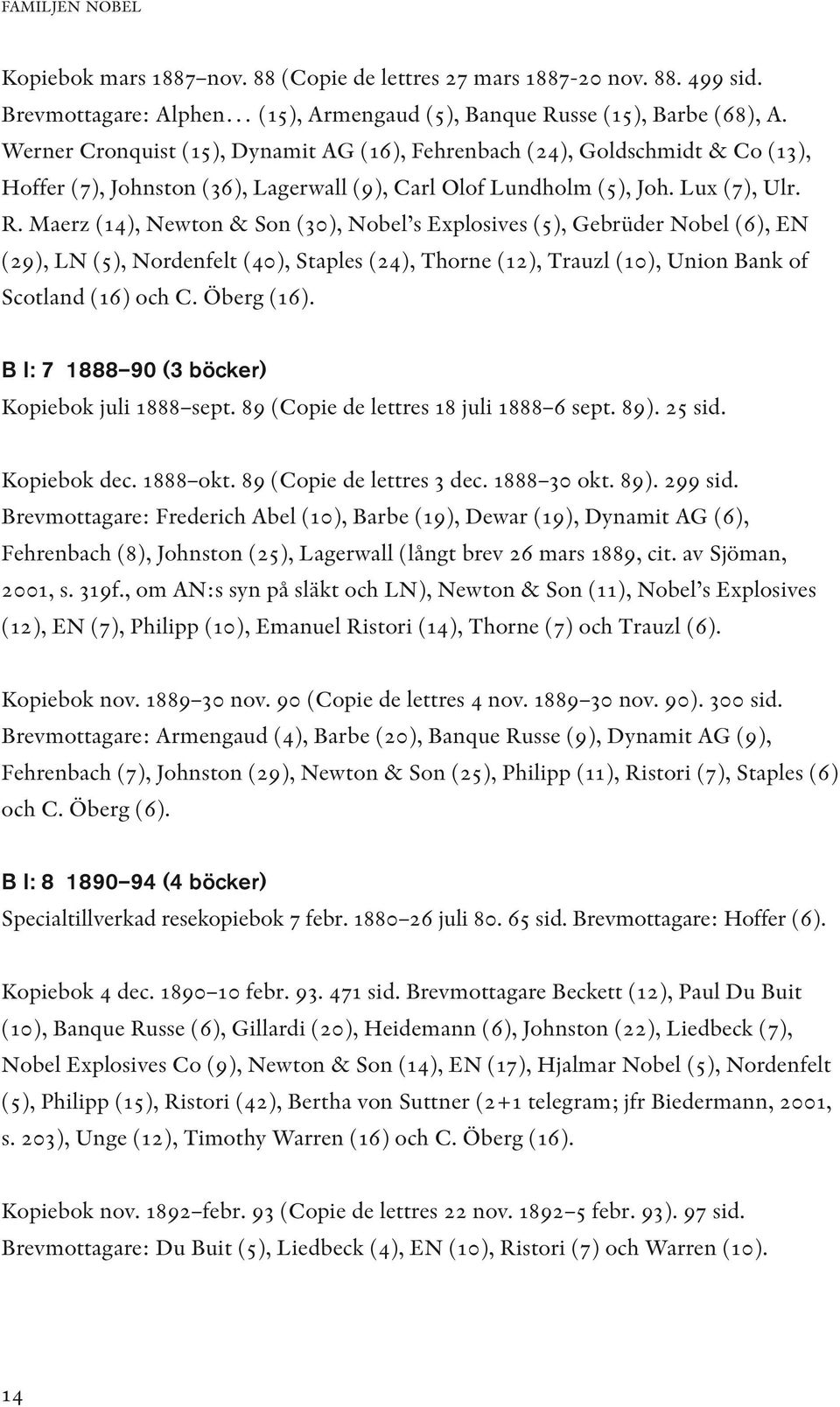 Maerz (14), Newton & Son (30), Nobel s Explosives (5), Gebrüder Nobel (6), EN (29), LN (5), Nordenfelt (40), Staples (24), Thorne (12), Trauzl (10), Union Bank of Scotland (16) och C. Öberg (16).