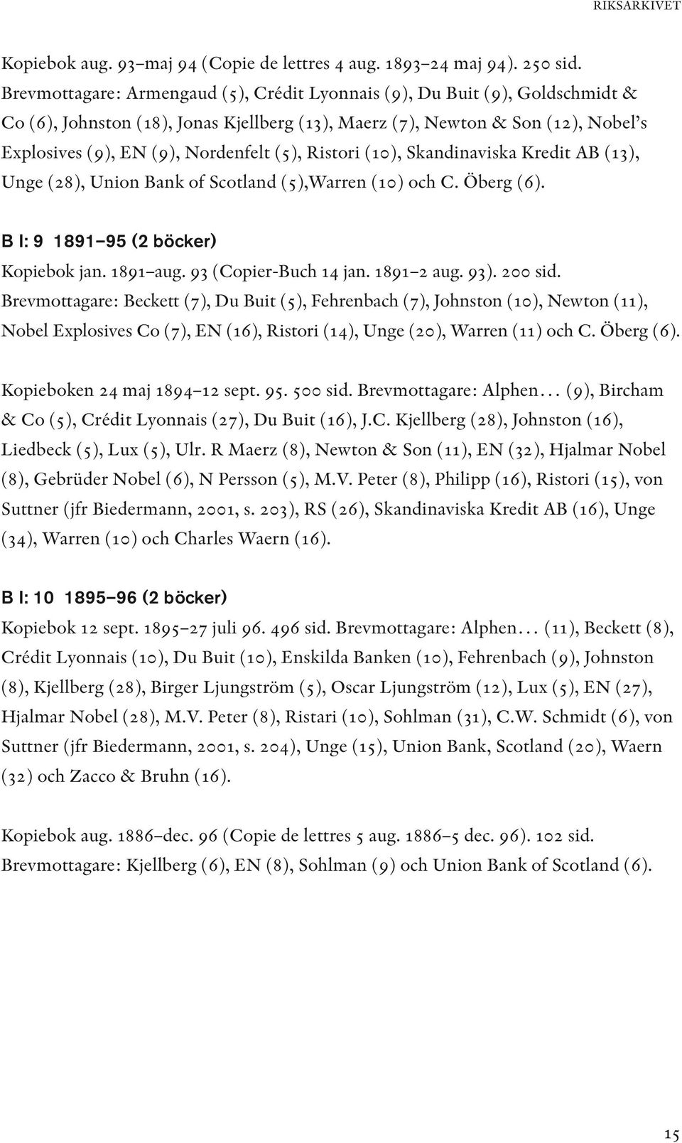 (5), Ristori (10), Skandinaviska Kredit AB (13), Unge (28), Union Bank of Scotland (5),Warren (10) och C. Öberg (6). B I: 9 1891 95 (2 böcker) Kopiebok jan. 1891 aug. 93 (Copier-Buch 14 jan.