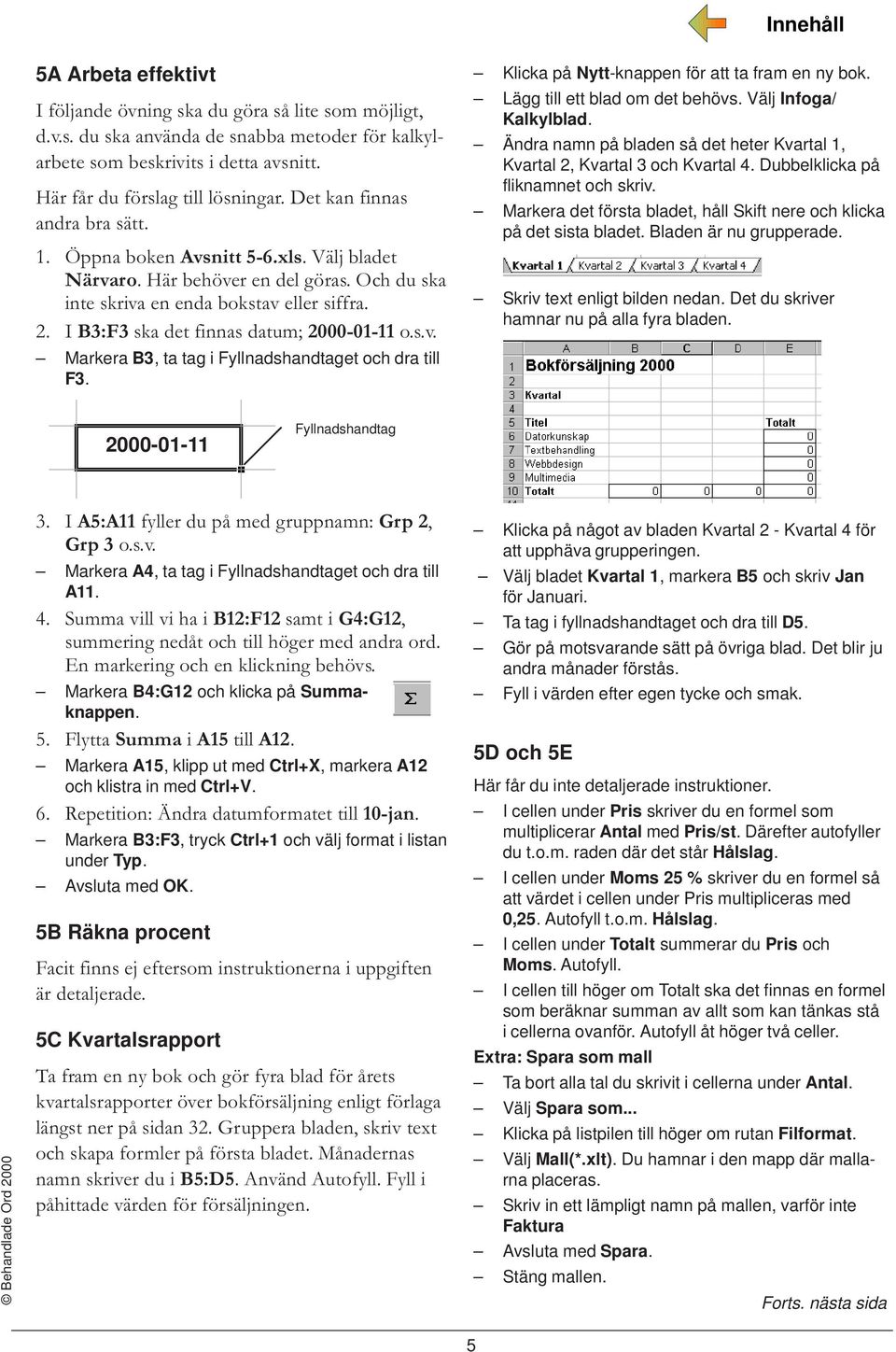 I B3:F3 ska det finnas datum; 2000-01-11 o.s.v. Markera B3, ta tag i Fyllnadshandtaget och dra till F3. Klicka på Nytt-knappen för att ta fram en ny bok. Lägg till ett blad om det behövs.