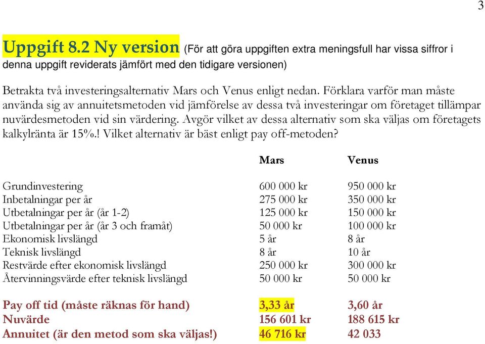 Förklara varför man måste använda sig av annuitetsmetoden vid jämförelse av dessa två investeringar om företaget tillämpar nuvärdesmetoden vid sin värdering.