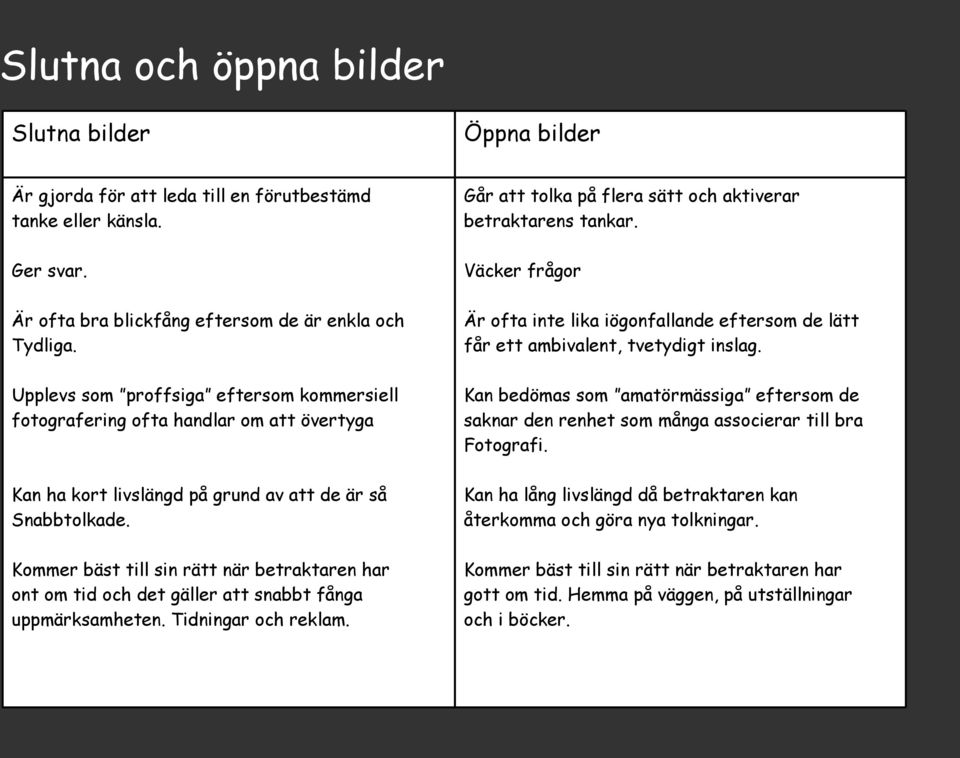 Kommer bäst till sin rätt när betraktaren har ont om tid och det gäller att snabbt fånga uppmärksamheten. Tidningar och reklam. Går att tolka på flera sätt och aktiverar betraktarens tankar.