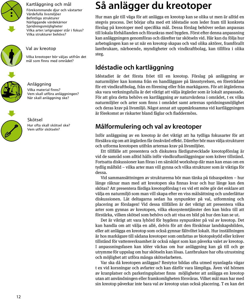 Skötsel Hur ofta skall skötsel ske? Vem utför skötseln? Så anlägger du kreotoper Hur man går till väga för att anlägga en kreotop kan se olika ut men är alltid en stegvis process.