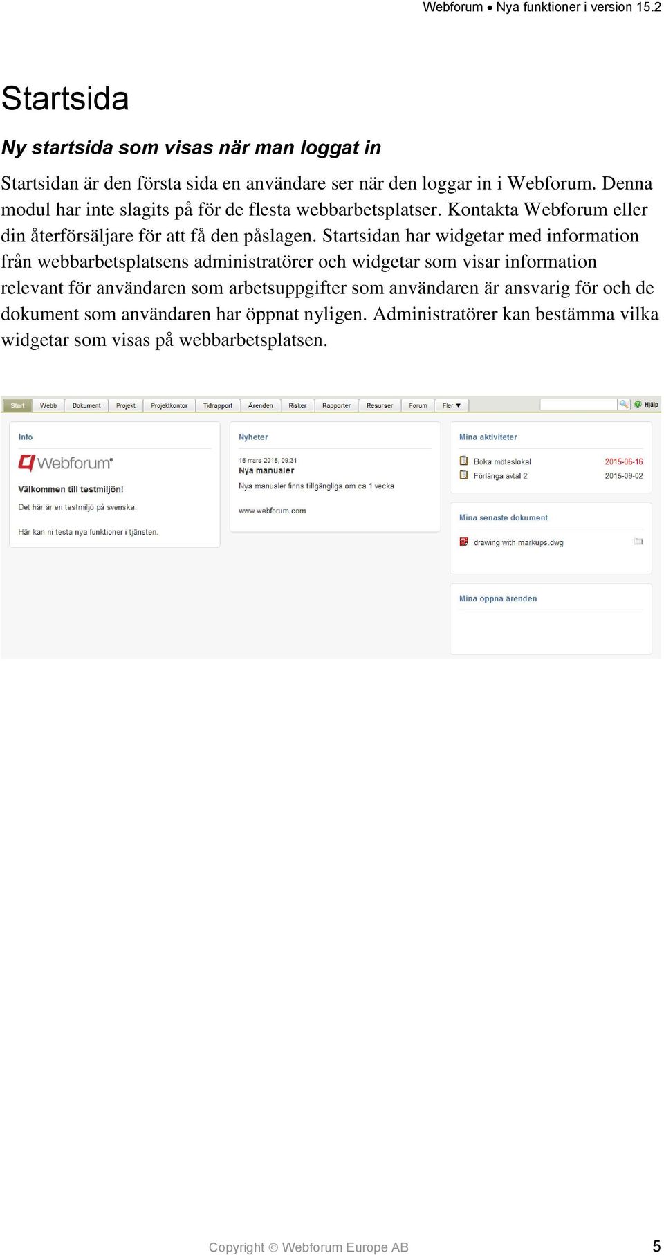 Startsidan har widgetar med information från webbarbetsplatsens administratörer och widgetar som visar information relevant för användaren som