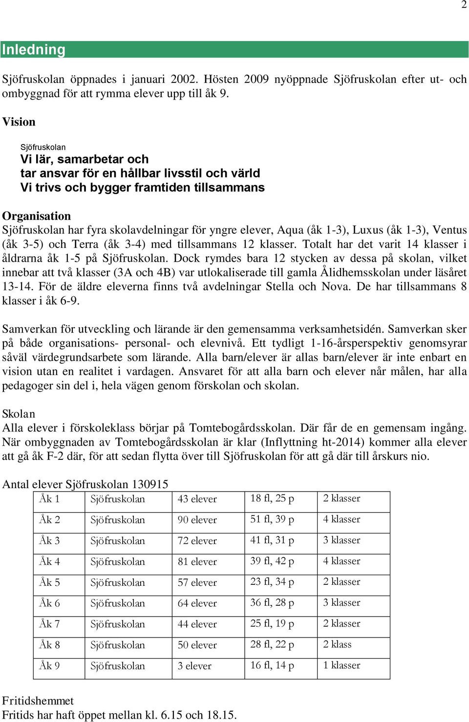 Aqua (åk 1-3), Luxus (åk 1-3), Ventus (åk 3-5) och Terra (åk 3-4) med tillsammans 12 klasser. Totalt har det varit 14 klasser i åldrarna åk 1-5 på Sjöfruskolan.